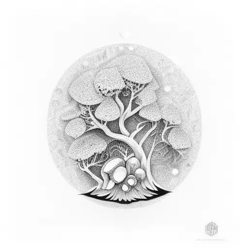 Tree Branch With Crystals And Mushrooms