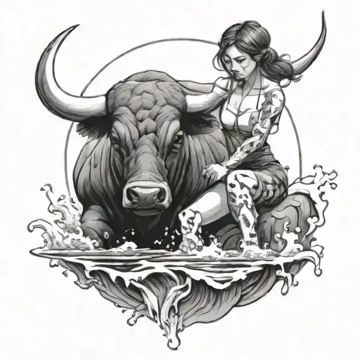 Bull Pooring Water That Forms A Girl Sitting With Him