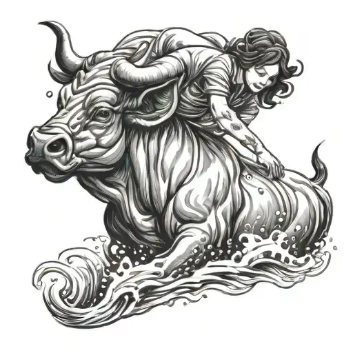 Bull Pooring Water From A Vase That Forms A Girl From The Water
