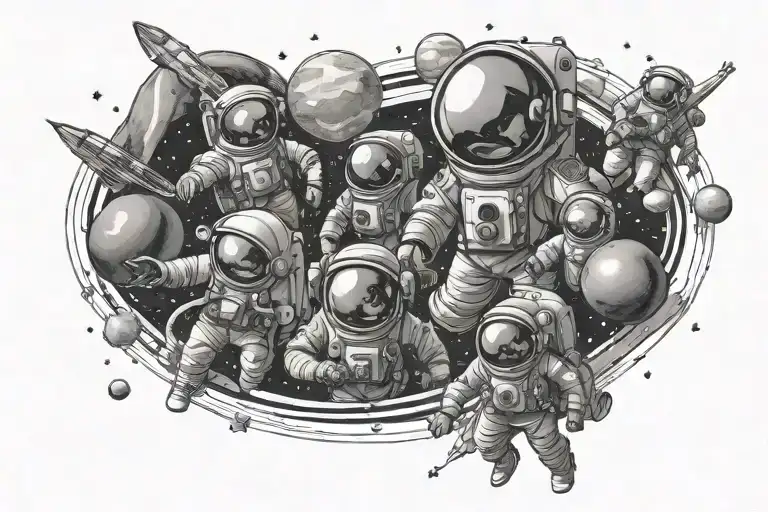 Astronauts And Planets In Space Surrounded