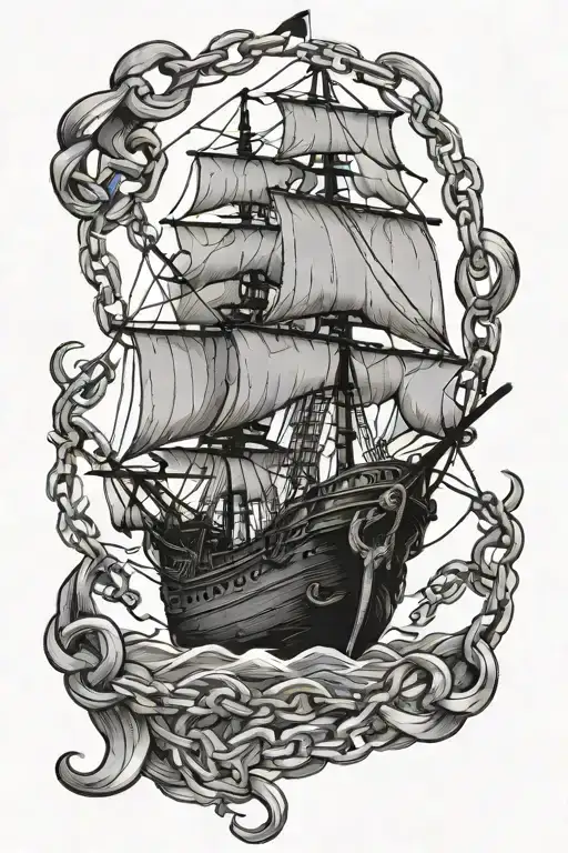 Pirate Ship With Chains Going Left And Right That Lead Into An Anchor