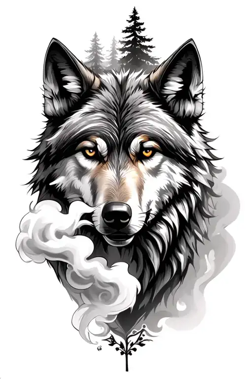 Wolf Blowing Smoke Surrounded By Trees