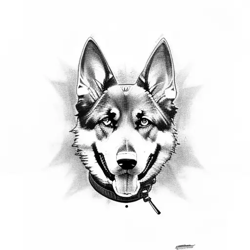 A Black And Grey Tattoo Of A German Shepherd And A Vintage Motorcycle