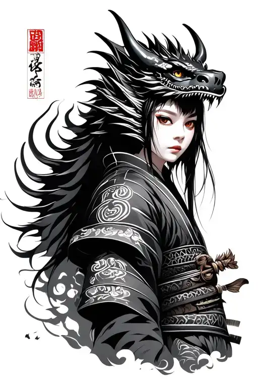 Girls Samurai With Mask On Top That Extend To A Black Dragon