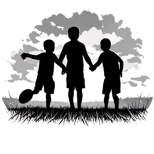 Dad And 2 Sons Silouette On A Rugby Pitch Holding Hands