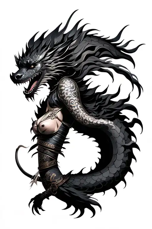 Girls Samurai With Mask That Extend To A Black Dragon Wrapped