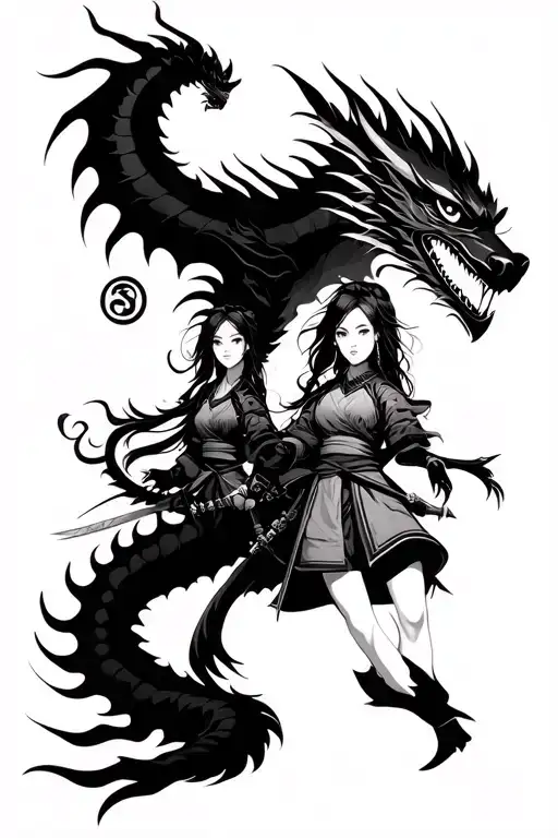 Girls Samurai With Anya Mask That Extend To A Black Dragon
