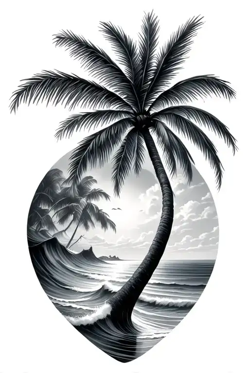 Palm Tree Over A Beach With Waves In The Form Of A Heartbeat