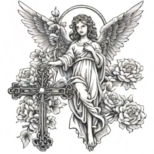 Angel On Cross With Flowers And Rosary