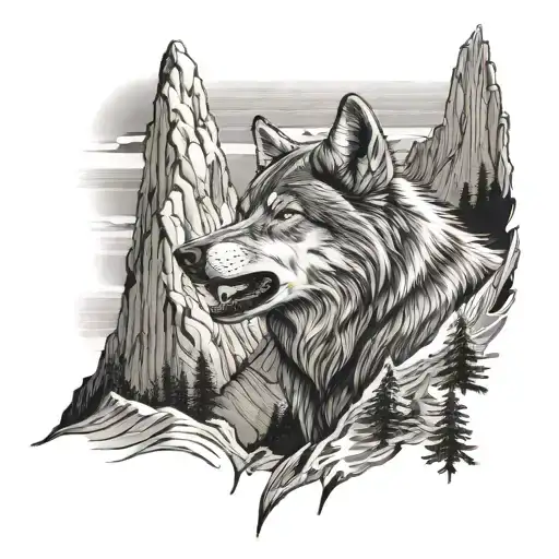 Wolf Howling On A Mountain With A Larger Mountain Range