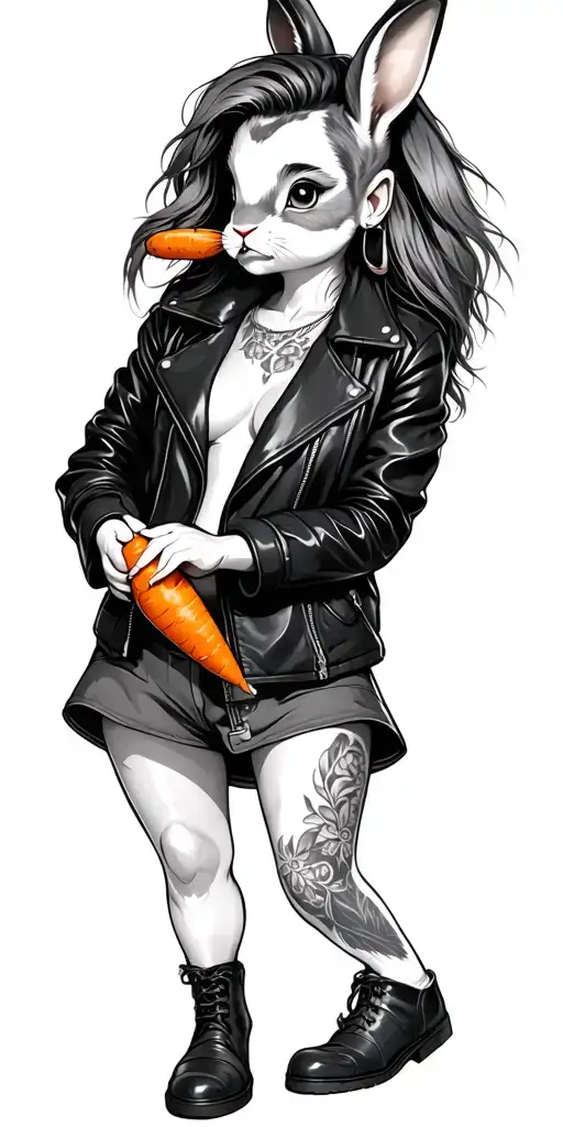Female Bunny Eating A Carrot Wearing Leather Jacket