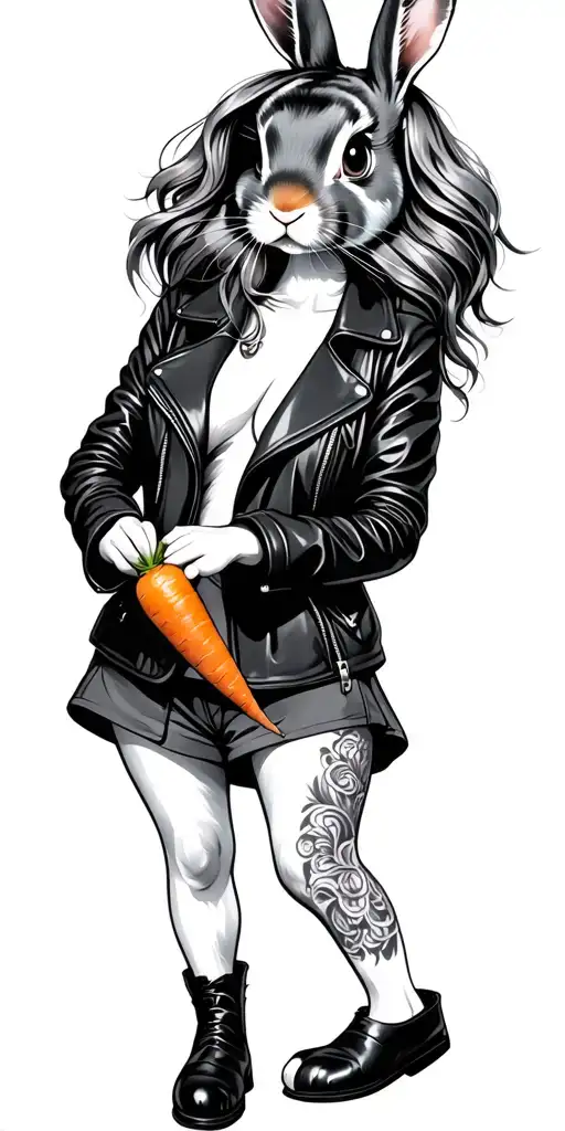 Female Bunny Eating A Carrot Wearing Leather Jacket