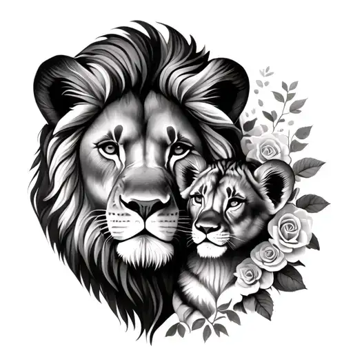 Lion And Cub Faces With Roses Represet Father And Daughter