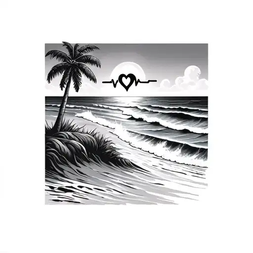 Palmtree On A Sandy Beach With Waves Crashing Onto The Sand And With A Heartbeat In The Wave