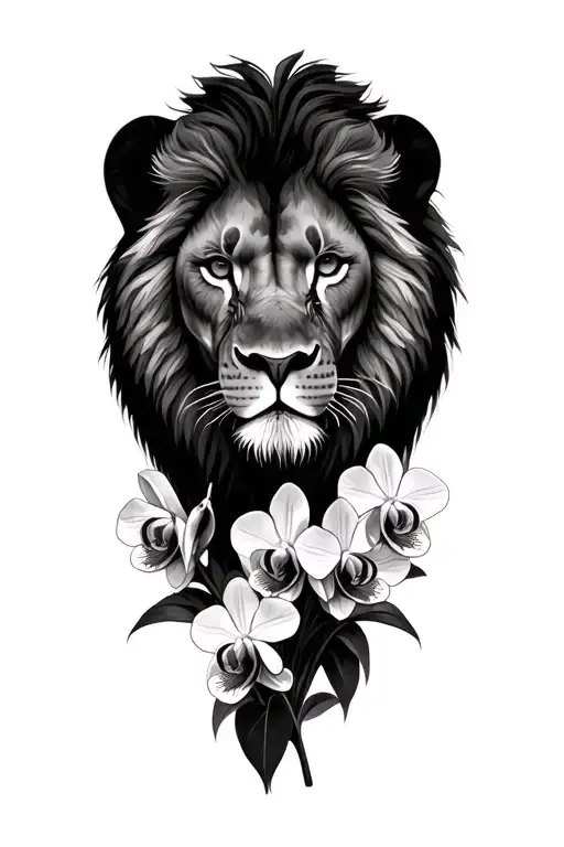 Lion Head Surrounded By Orchids Blooming