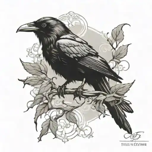 Design A Tattoo Showcasing A Raven Perched On A Branch With Elvish Script In The Background