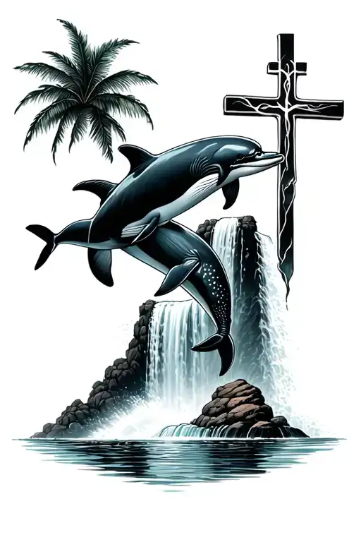 Waterfall With Dolphin And Whale Jumping With A Cross