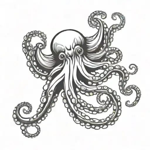 Black And Gray Simple Tattoo Outline Of Octopus And Waves