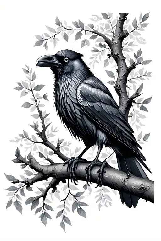 Raven Sitting On A Branch Decorated With Traditional Russian Patterns