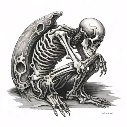 Side Profile Of A Skeleton On Its Knees Praying To God