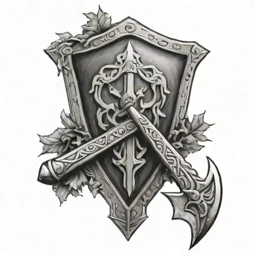 Shield With A Crossed Viking Sword And Axe And Tress In The Background