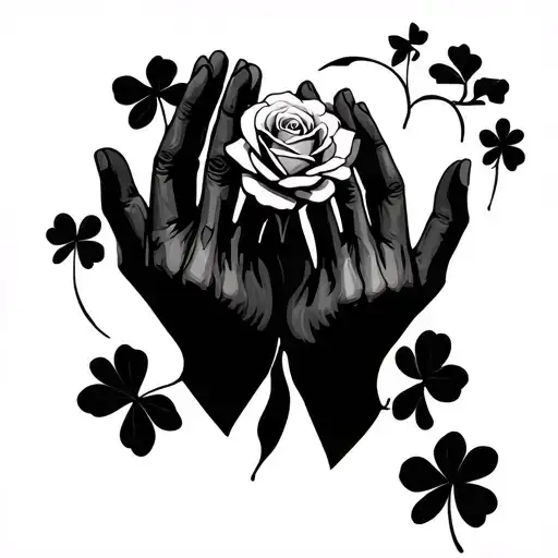 Praying Hands With Rose And Clover Leaf