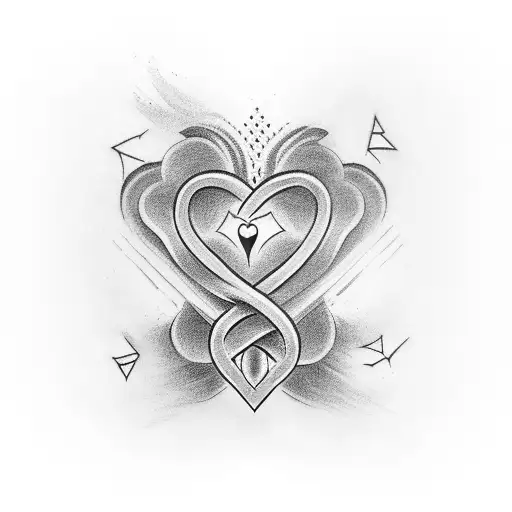 A Black-grey Tattoo Featuring A Heart Intertwined With Alpha Symbol