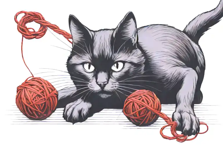2D Black Cat Playing With Red Yarn Ball