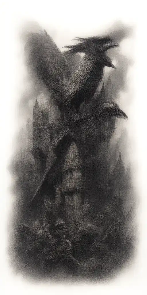 Medieval Era Castle And Raven With A Skeleton Army