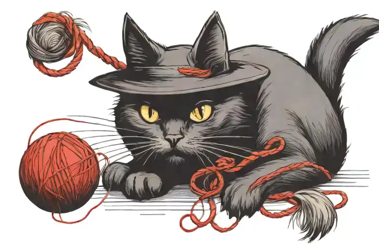 Small Black Cat With Witch Hat Playing With Red Yarn Ball