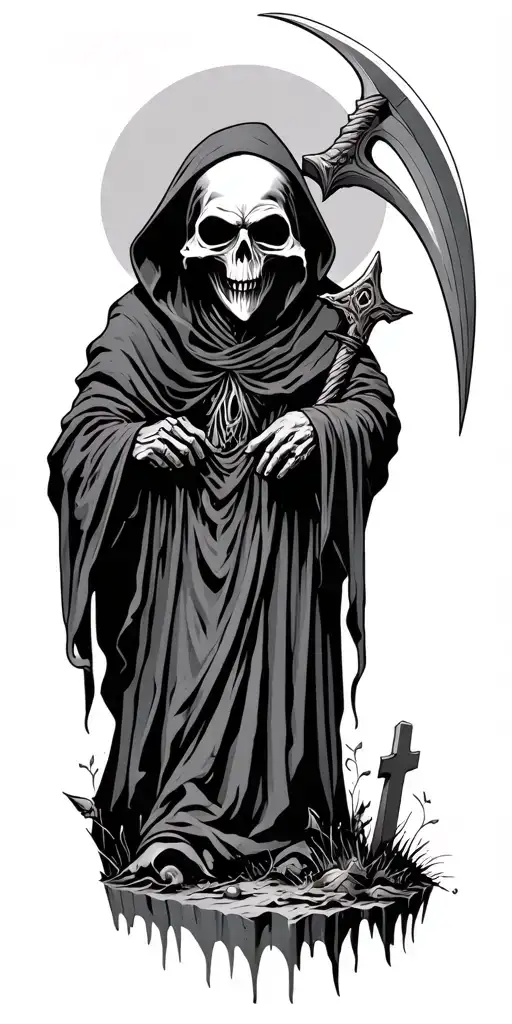 Grim Reaper With Scythe And A Grave Yard