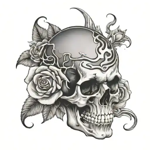 Realistic Black And Grey Open Skull With Brain With Tornado And Roses Around The Side
