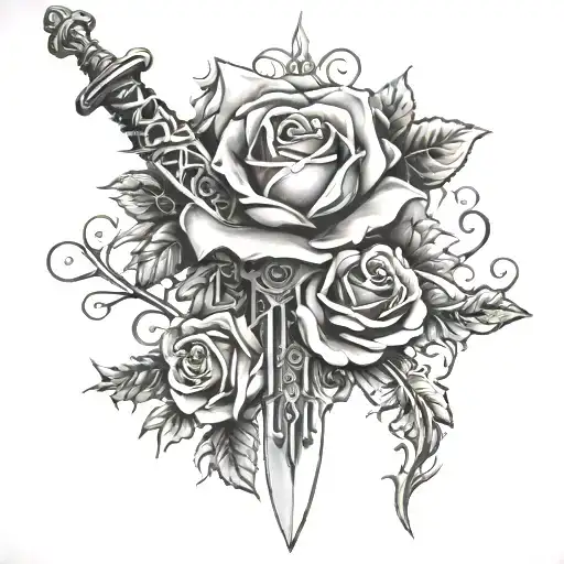 Sword Wraped In Roses With Thorns And Vines