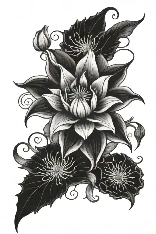 Black Lilie With Black Dahlia And Black Lotus Flower