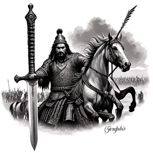 Genghis Khan Tattoo With Sword In Hand And Horses And War Scene In The Background