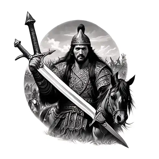 Genghis Khan Tattoo With Sword In Hand And Horses And War Scene In The Background