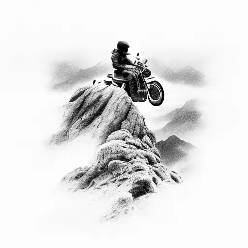 A Detailed Black And Grey Tattoo Of A Motorcycle Riding Through A Mountainous Landscape