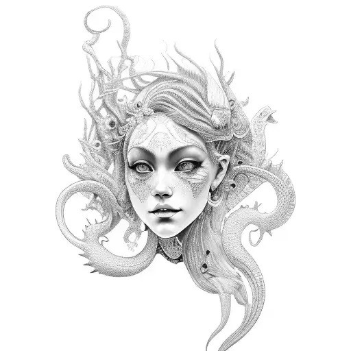 A Detailed Black And Grey Tattoo Of A Mermaid Most Detail On Scales And Tail