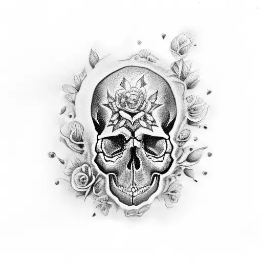 A Black-grey Tattoo Of A Skull Adorned With Intricate Floral Patterns
