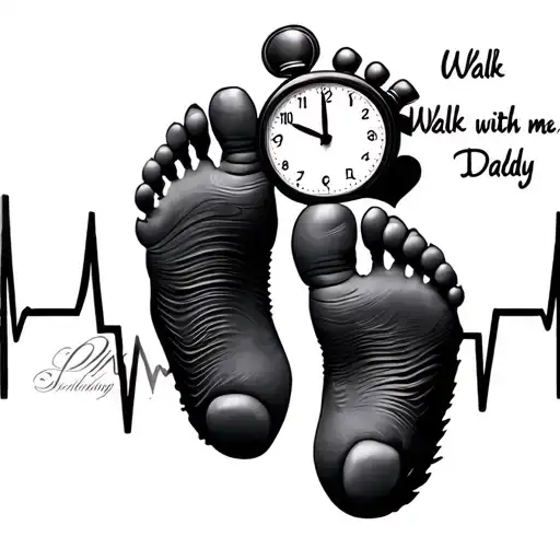 Baby Foot Prints With Heartbeat Line And Clock With Time Of Birth And Saying Walk With Me Daddy