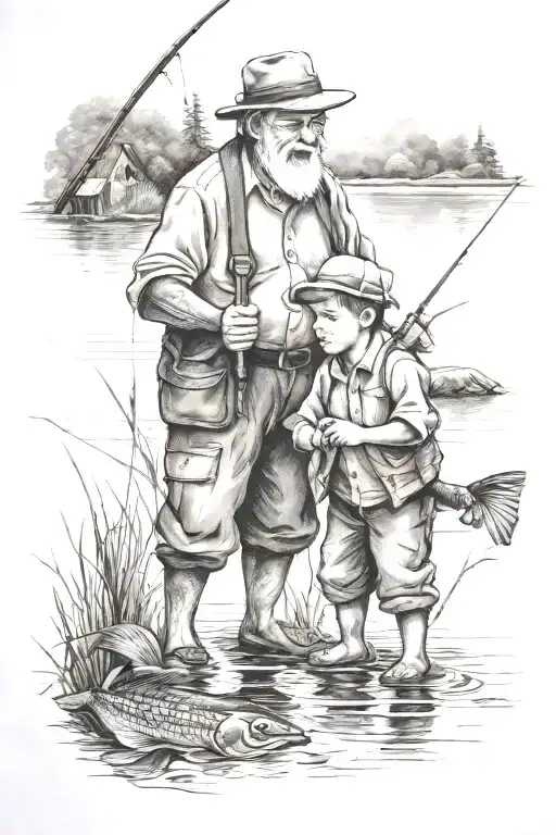 Grandfather And Grandson Fishing Scene