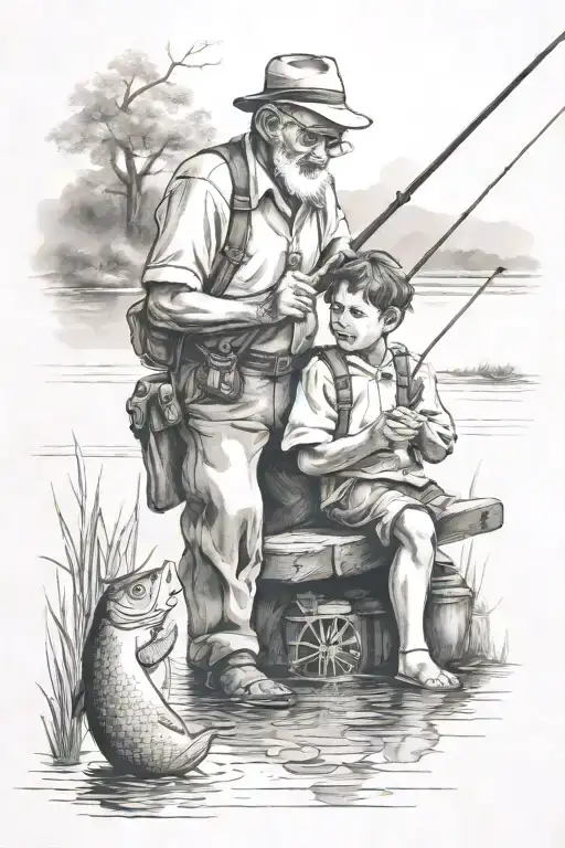 Grandfather And Grandson Fishing Scene