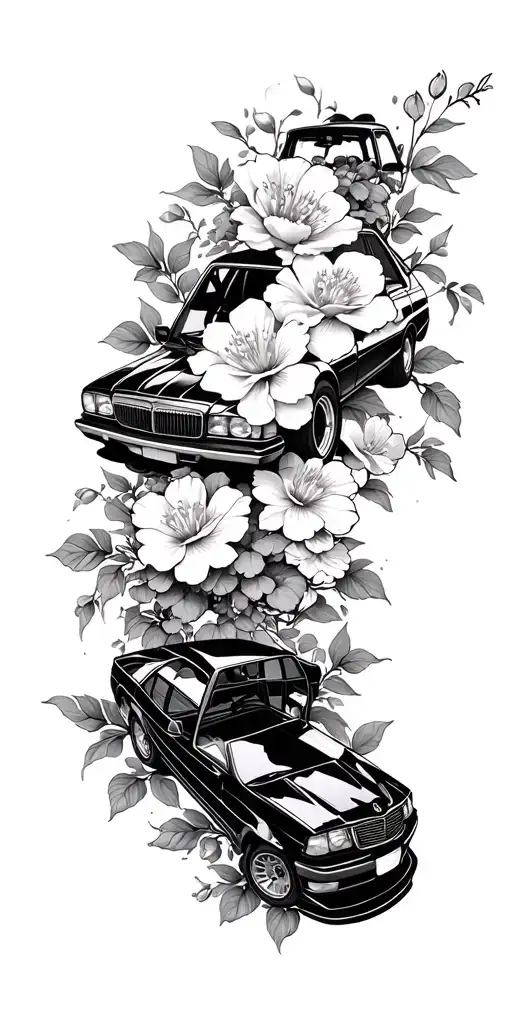 Japanese Cars And Flowers Intertwined