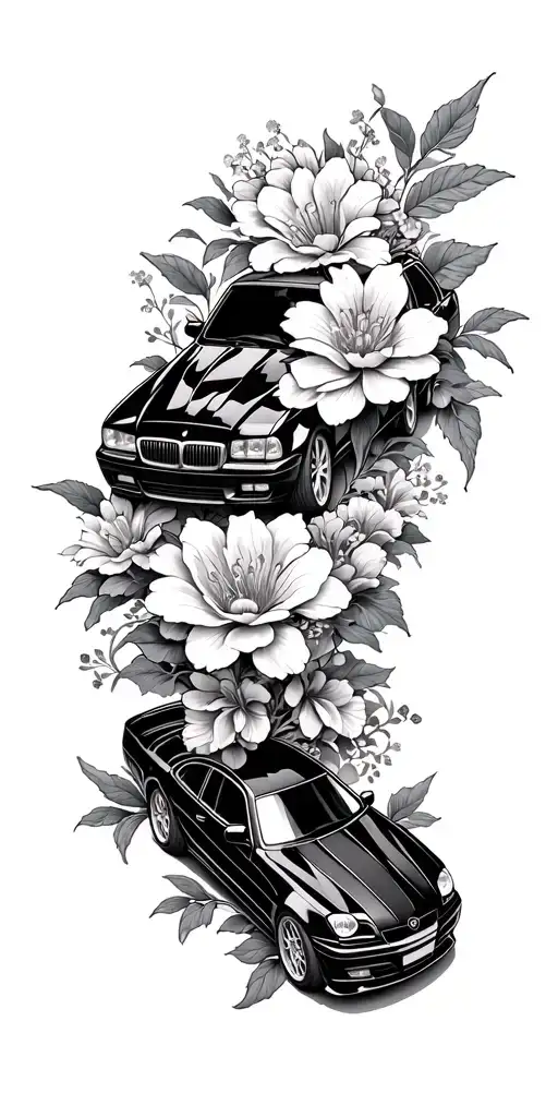 Japanese Cars And Flowers Intertwined