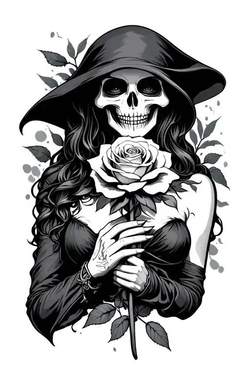 Female Grim Reaper Holding A Rose Intertwined