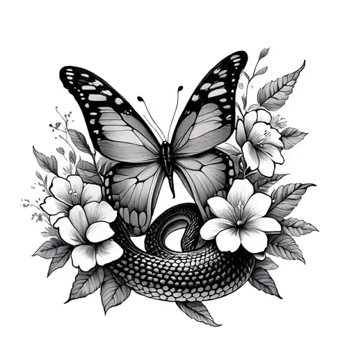 Snake And Butterfly And Flowers Intertwined
