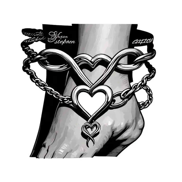 Infinity Shaped Intertwined With A Heart Anklet Bracelet Tattoo With The Name Stephen
