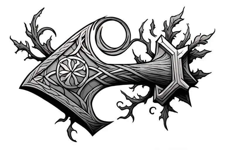 Norse Tree Feminine Tattoo Design With Thors Hammer