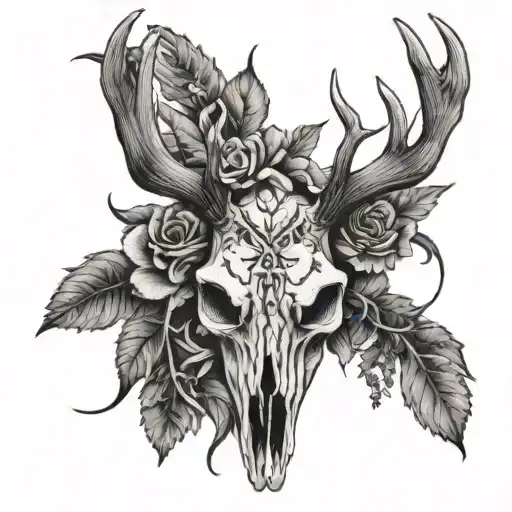 Deer Skull With Moth Between Antlers Intertwined