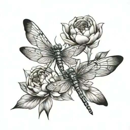 Peony Flowers Ans Dragonfly